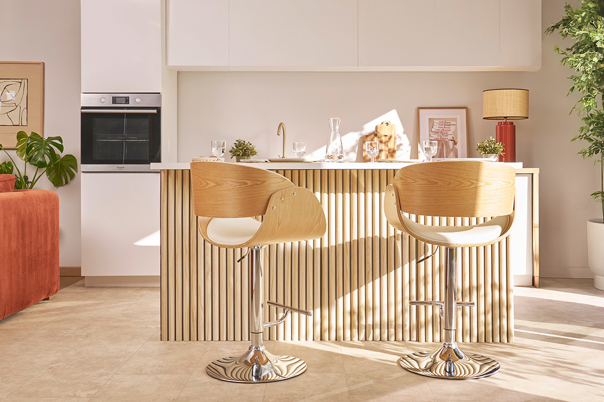 Design-Barhocker h�henverstellbar wei� und helles Holz BENT