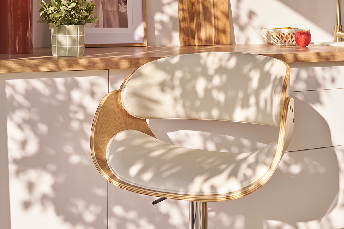Design-Barhocker h�henverstellbar wei� und helles Holz BENT