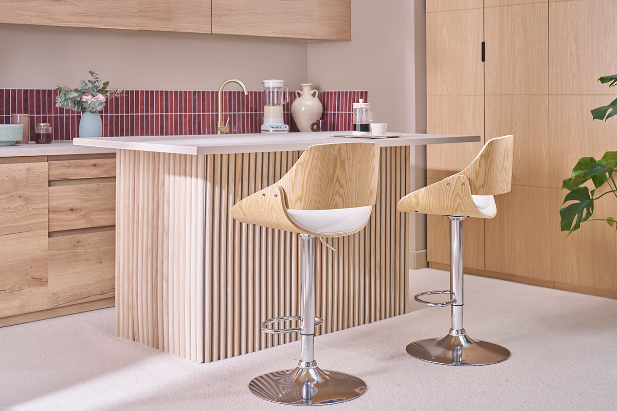 Design-Barhocker h�henverstellbar wei� und helles Holz CLASH