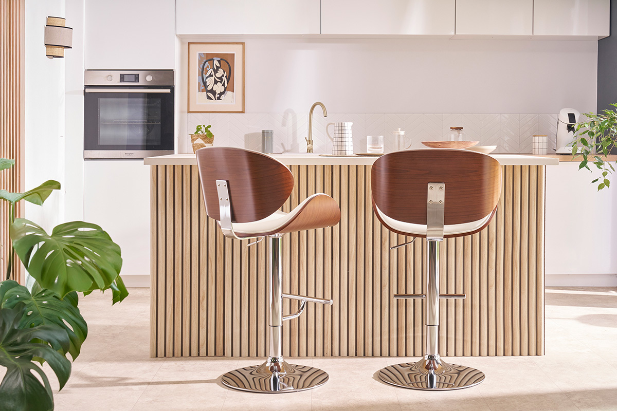 Design-Barhocker in Wei� und dunklem Holz WALNUT