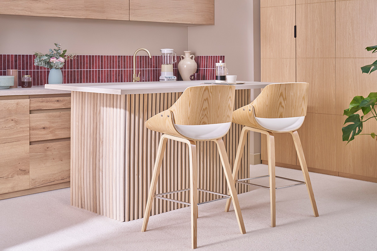 Design-Barhocker in Wei� und hellem Holz H70 cm (2er-Set) CLASH