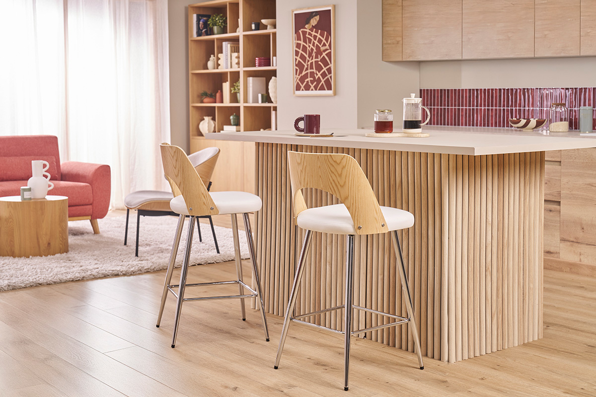 Design-Barhocker in Wei� und Holz H66,5 cm (2er Set) FALCOM