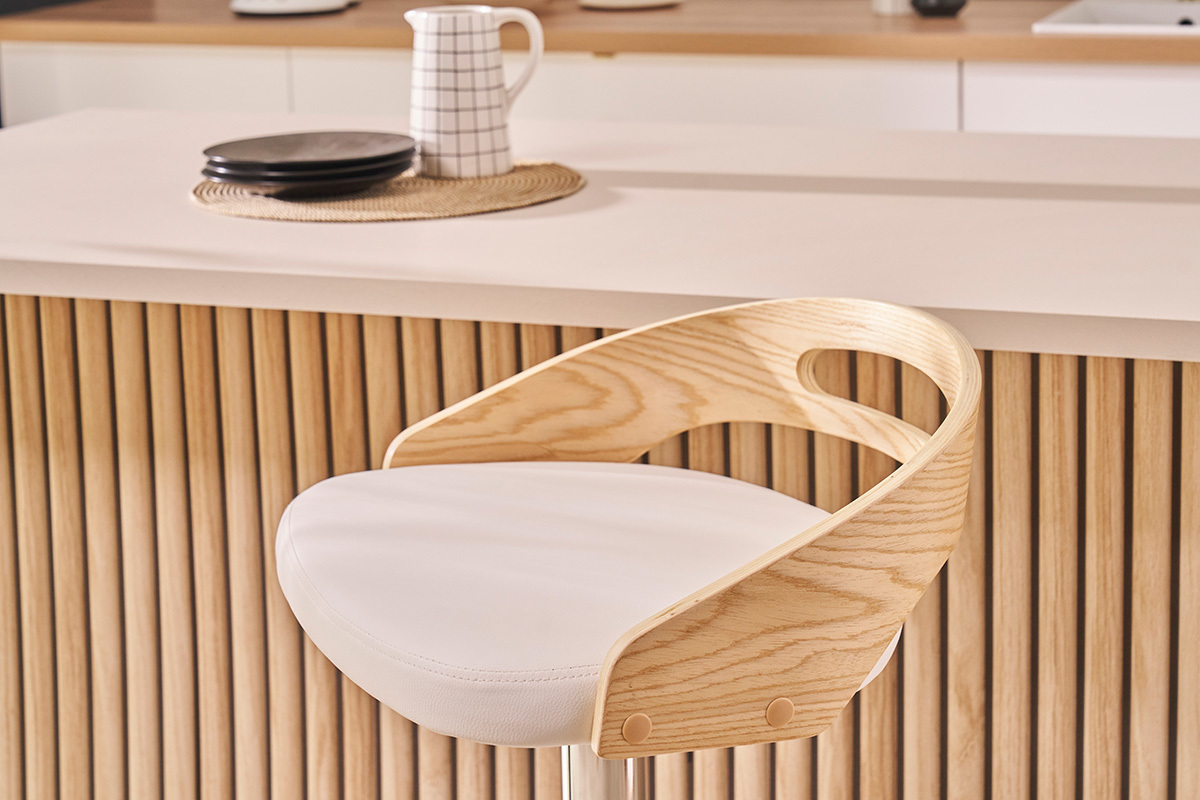 Design-Barhocker MANO hhenverstellbar wei und helles Holz