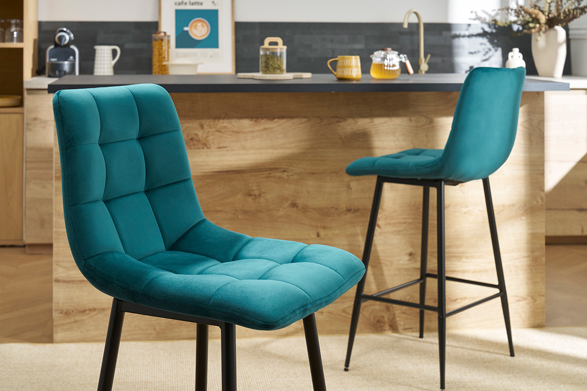 Design-Barhocker petrolblauer Samt H65 cm (2er-Set) MAXWELL