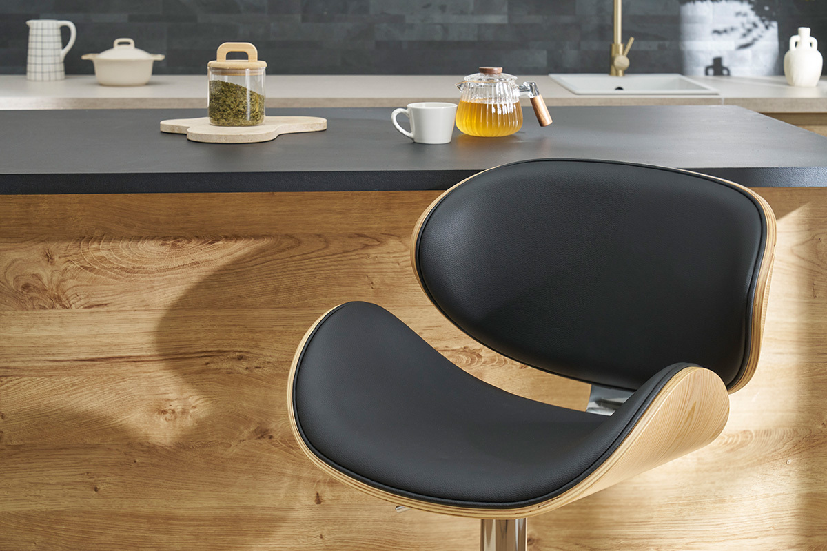 Design-Barhocker Schwarz und helles Holz WALNUT