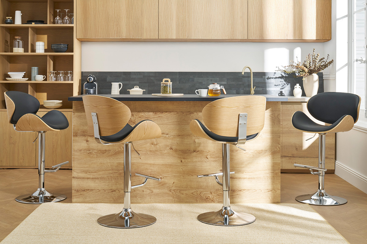 Design-Barhocker Schwarz und helles Holz WALNUT