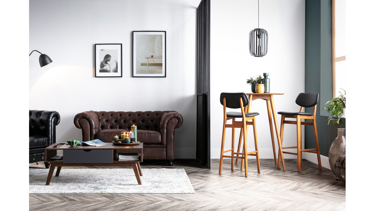 Design-Barhocker / -stuhl Schwarz und Holz Naturfarben NORDECO