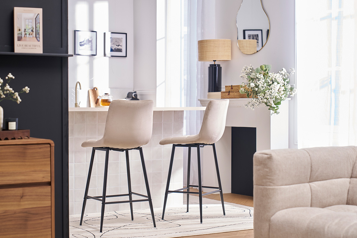 Design-Barhocker taupefarbener Samt H65 cm (2er-Set) MAXWELL