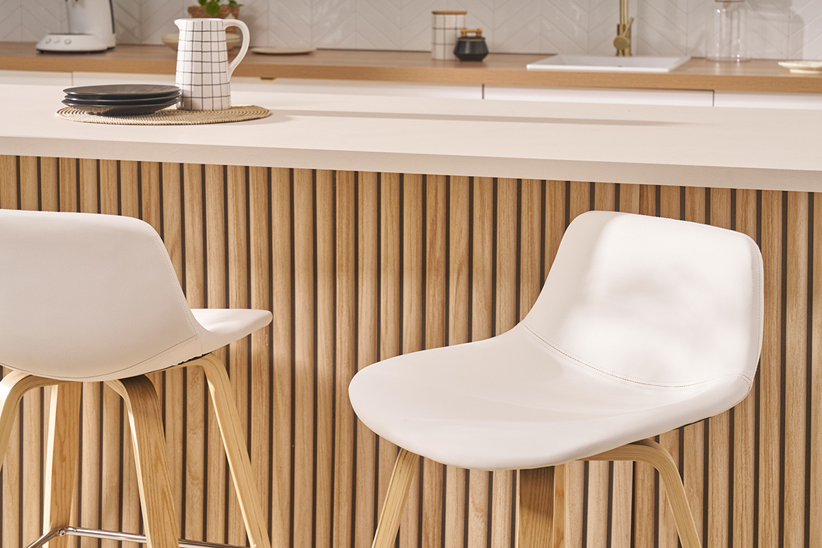 Design-Barhocker wei mit hellem Holz H 65 cm (2er-Set) NONIE