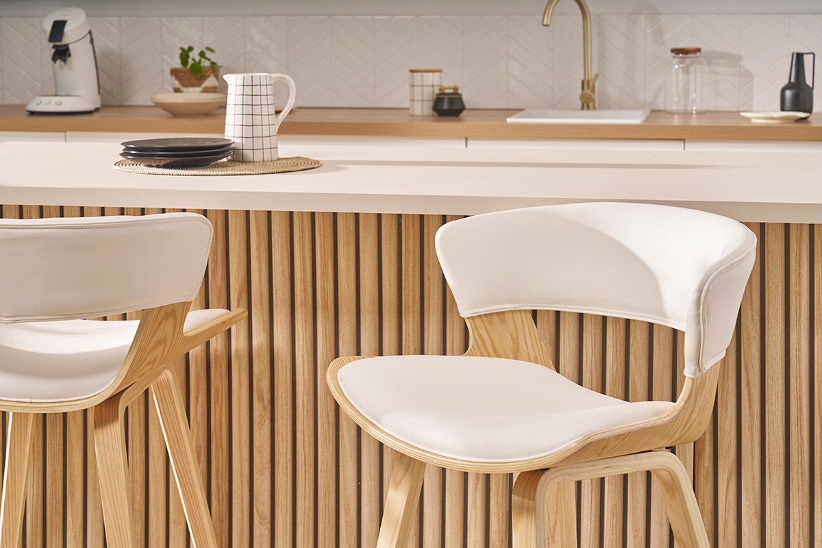 Design-Barhocker wei mit hellem Holz H 65 cm (2er-Set) SYRAH