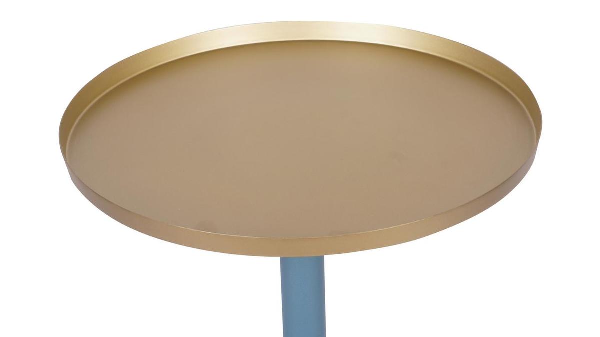Design-Beistelltisch aus Metall im mattem Petrolblau mit vergoldeter Tischplatte RAMSES