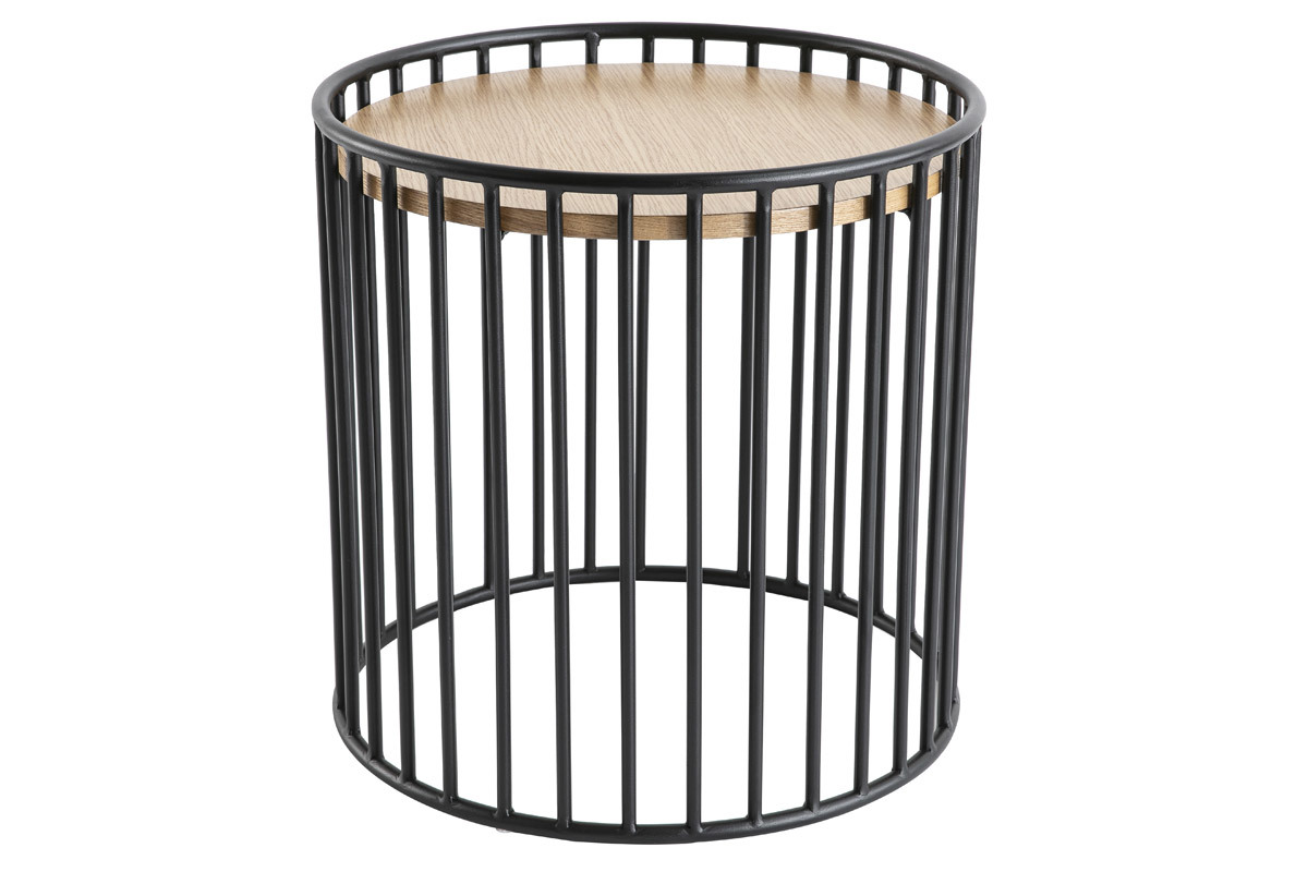 Design-Beistelltisch rund helles Holz und Metall HARP