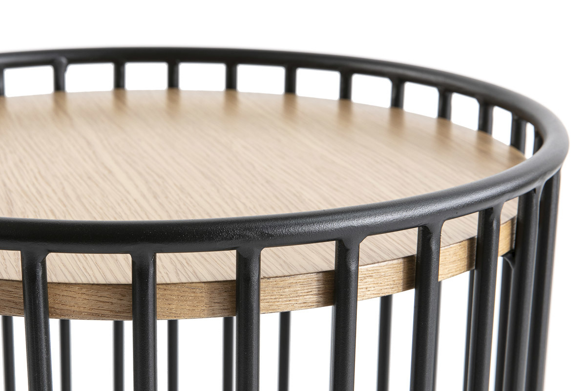 Design-Beistelltisch rund helles Holz und Metall HARP