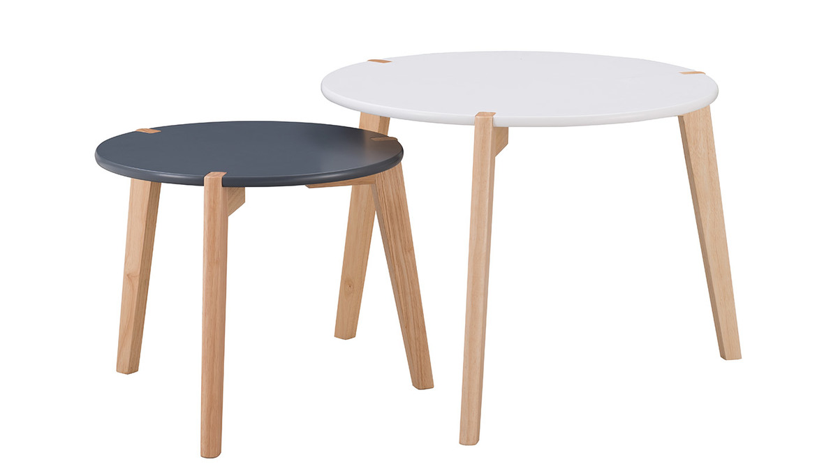 Design-Beistelltische grau und wei mit Tischbeinen aus hellem Holz 2er-Satz KOBE