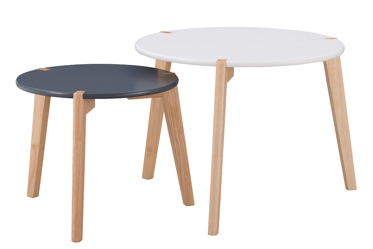 Design-Beistelltische grau und wei mit Tischbeinen aus hellem Holz 2er-Satz KOBE