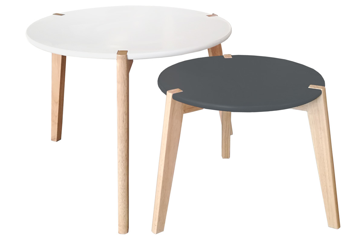 Design-Beistelltische grau und wei mit Tischbeinen aus hellem Holz 2er-Satz KOBE