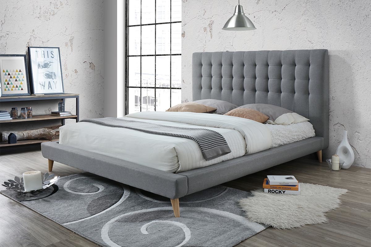 Design-Bett gepolstert Stoff Grau und Holz 140 x 200 cm SOREN