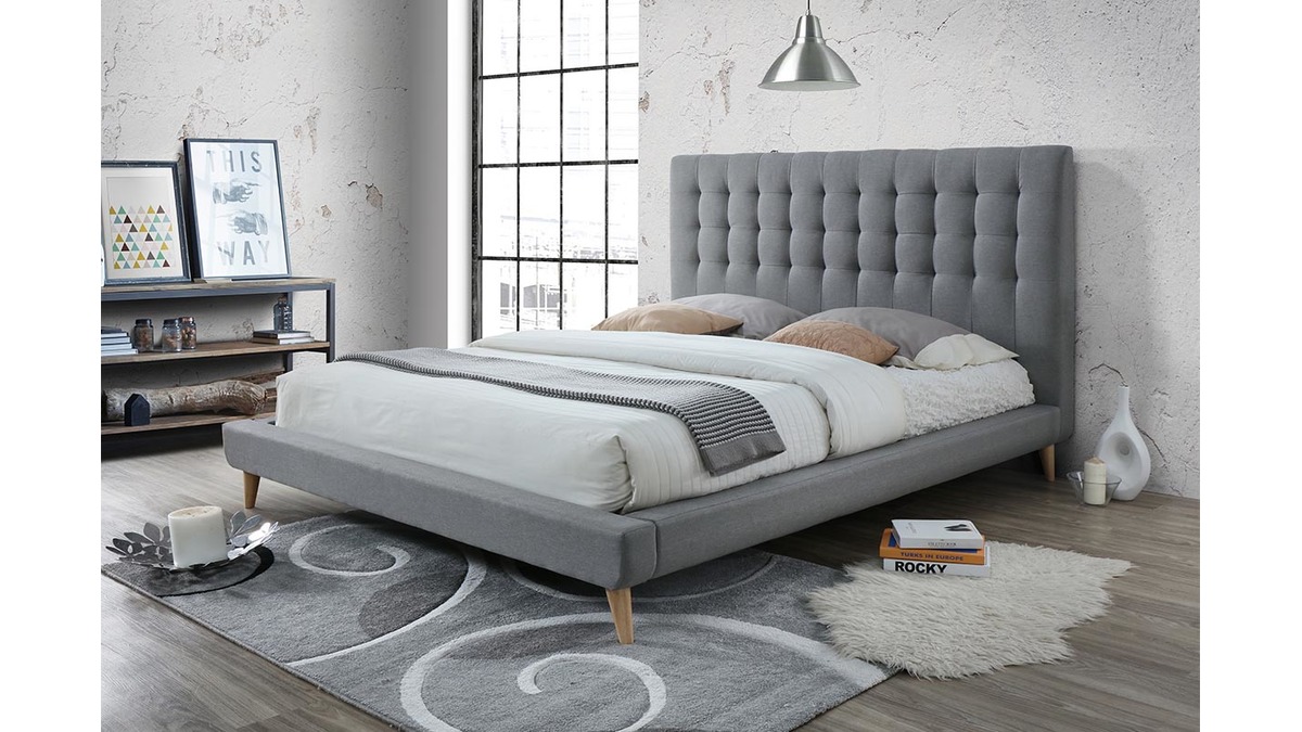 Design-Bett gepolstert Stoff Grau und Holz 160 x 200 cm SOREN