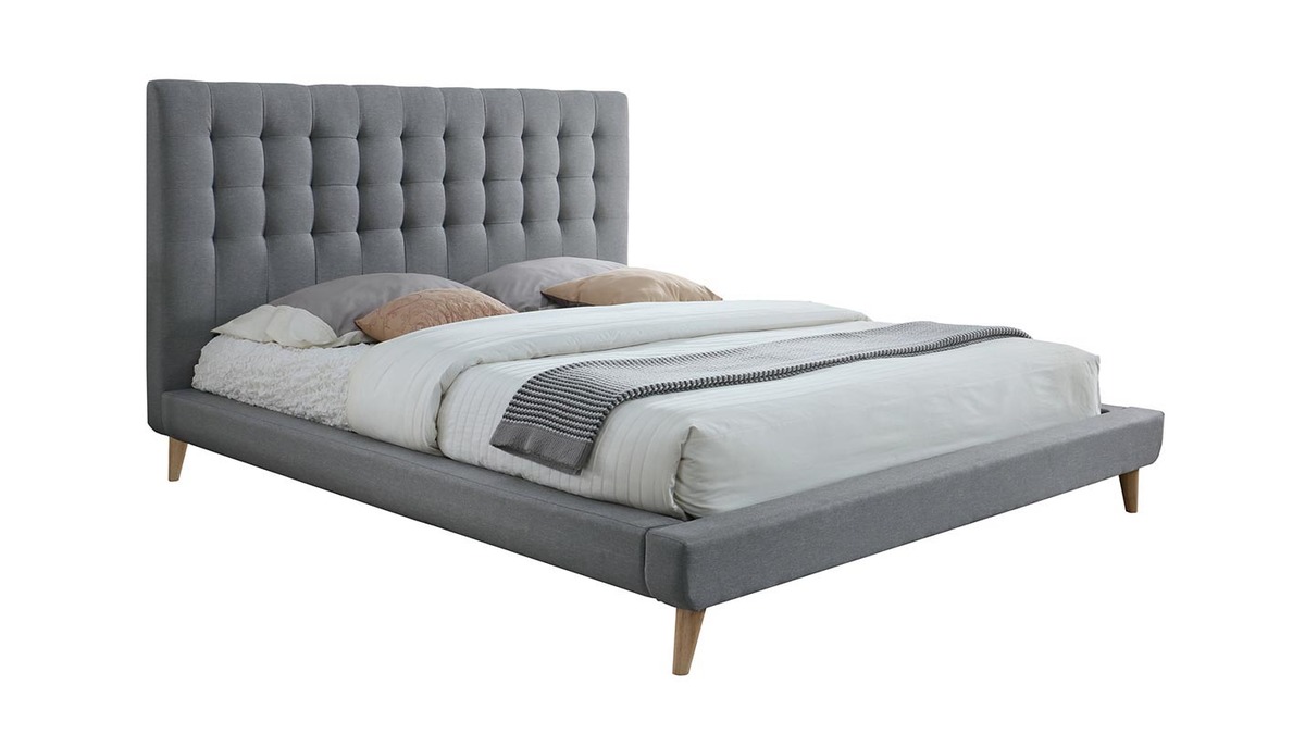 Design-Bett gepolstert Stoff Grau und Holz 160 x 200 cm SOREN