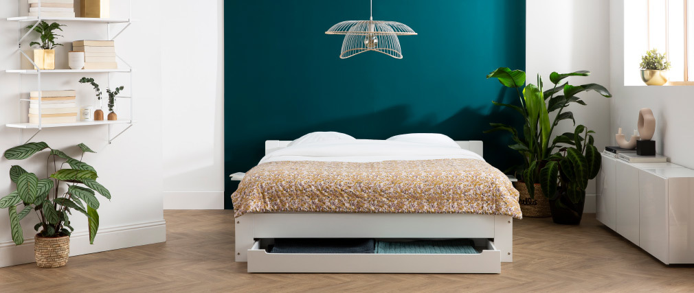 Design-Bett mit Stauraum und Nachttischen weiß 160x200 cm LORIS - Miliboo