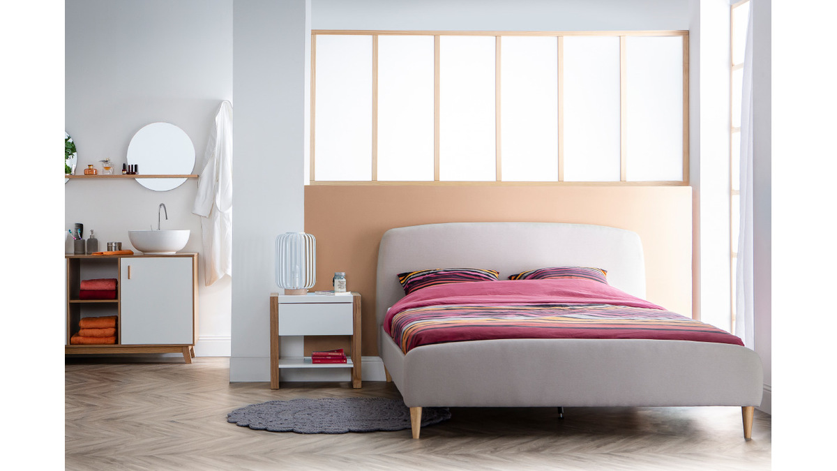 Design-Bett Stoff Grau und Holz 160 x 200 cm NIELS