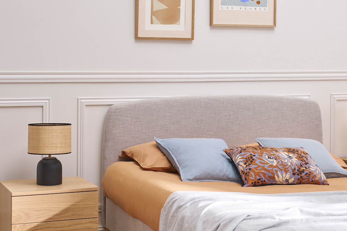 Design-Bett Stoff Grau und Holz 160 x 200 cm NIELS