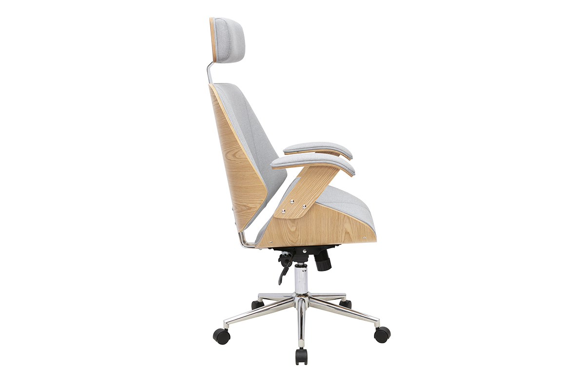 B�rostuhl aus grauem Stoff, hellem Holz und Stahl, Seitenansicht.