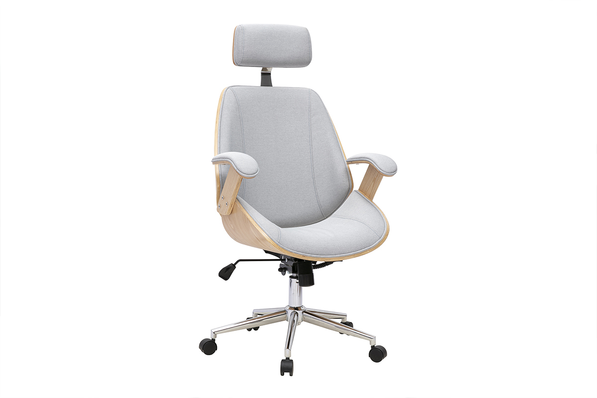 Design-B�rostuhl aus grauem Stoff mit hellem Holz und Stahl, Ansicht von 3/4.