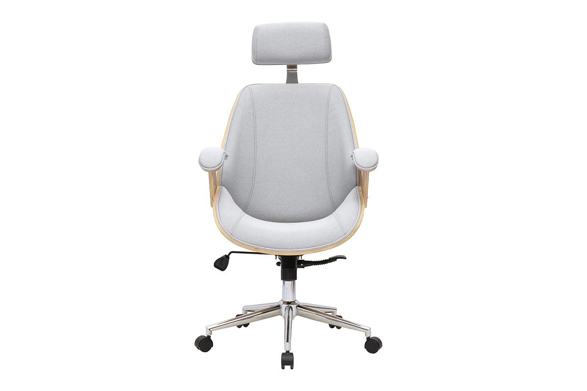 B�rostuhl in Grau, helles Holz und Stahl, Frontansicht.