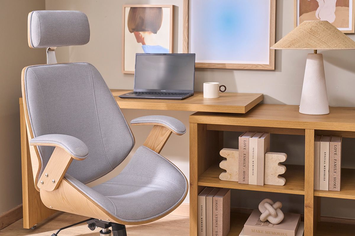 Design-B�rodrehstuhl in grauem Stoff, hellem Holz und verchromtem Stahl MUSK