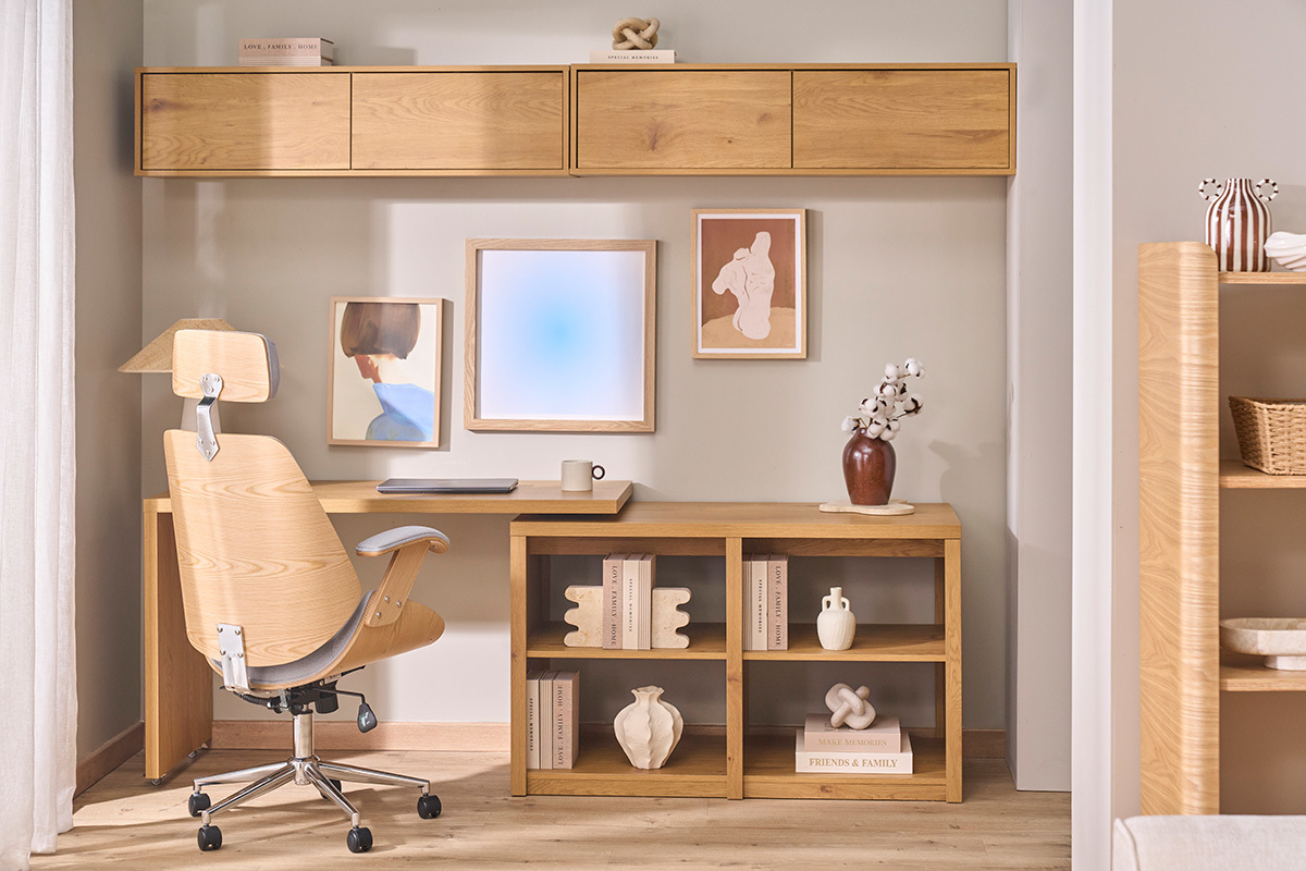 Design-B�rodrehstuhl in grauem Stoff, hellem Holz und verchromtem Stahl MUSK