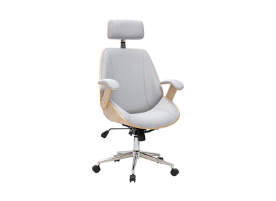 Design-B&uuml;rodrehstuhl in grauem Stoff, hellem Holz und verchromtem Stahl MUSK