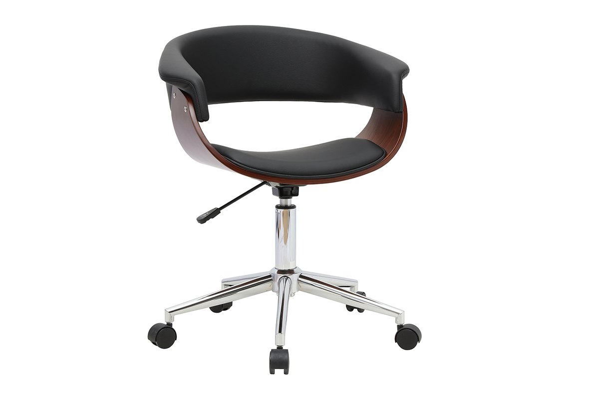B�rostuhl auf Rollen OKTAV, schwarzes Design, dunkles Holz und verchromter Stahl, 3/4-Ansicht