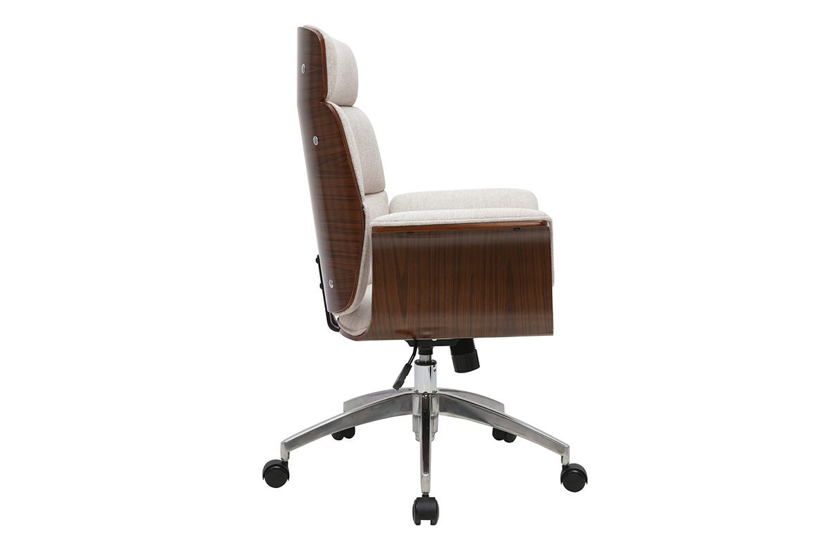 ELON B�rostuhl im Profil, beige Stoff, dunkles Holz, Rollen und Chromstahl.