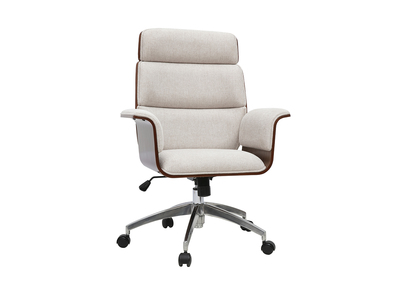 Design-B&uuml;rosessel auf Rollen aus Stoff mit strukturiertem Samteffekt in Beige, dunklem Holz und verchromtem Stahl ELON