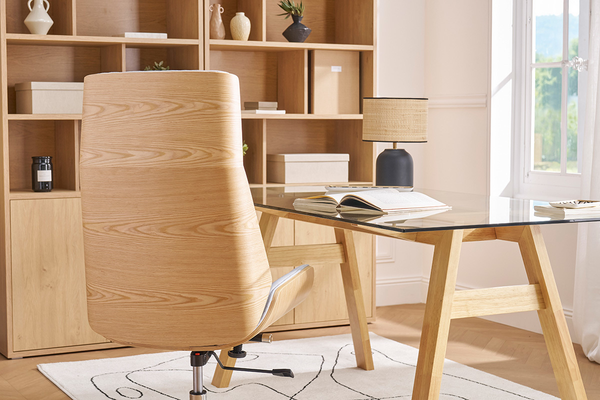 Design-Brosessel helles Holz und PU Grau CURVED