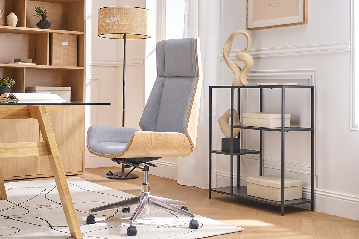 Design-Brosessel helles Holz und PU Grau CURVED