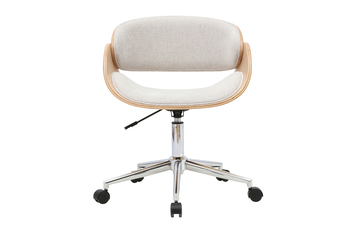 Design-B�rostuhl auf Rollen, beigefarbener Stoff, helles Holz und verchromter Stahl, Vorderansicht