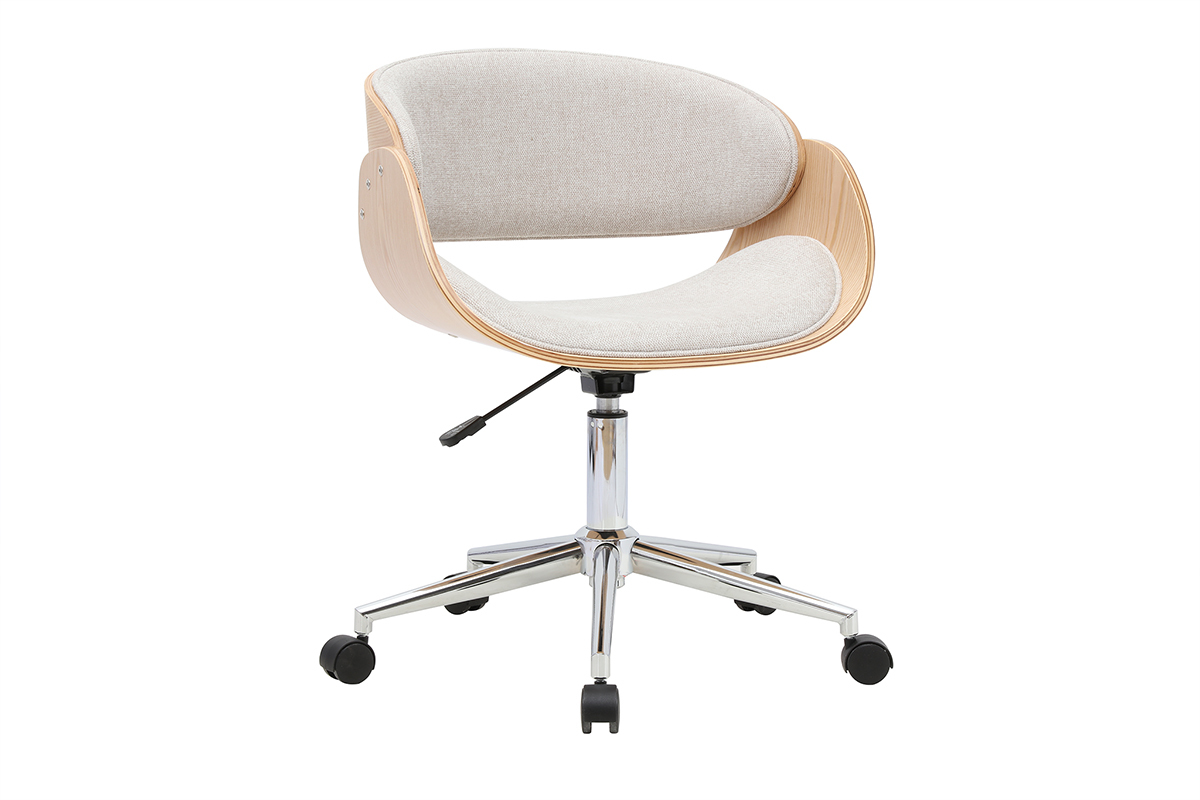 B�rostuhl auf Rollen mit schlichtem Design, beigem Stoff und hellem Holz, 3/4-Ansicht.