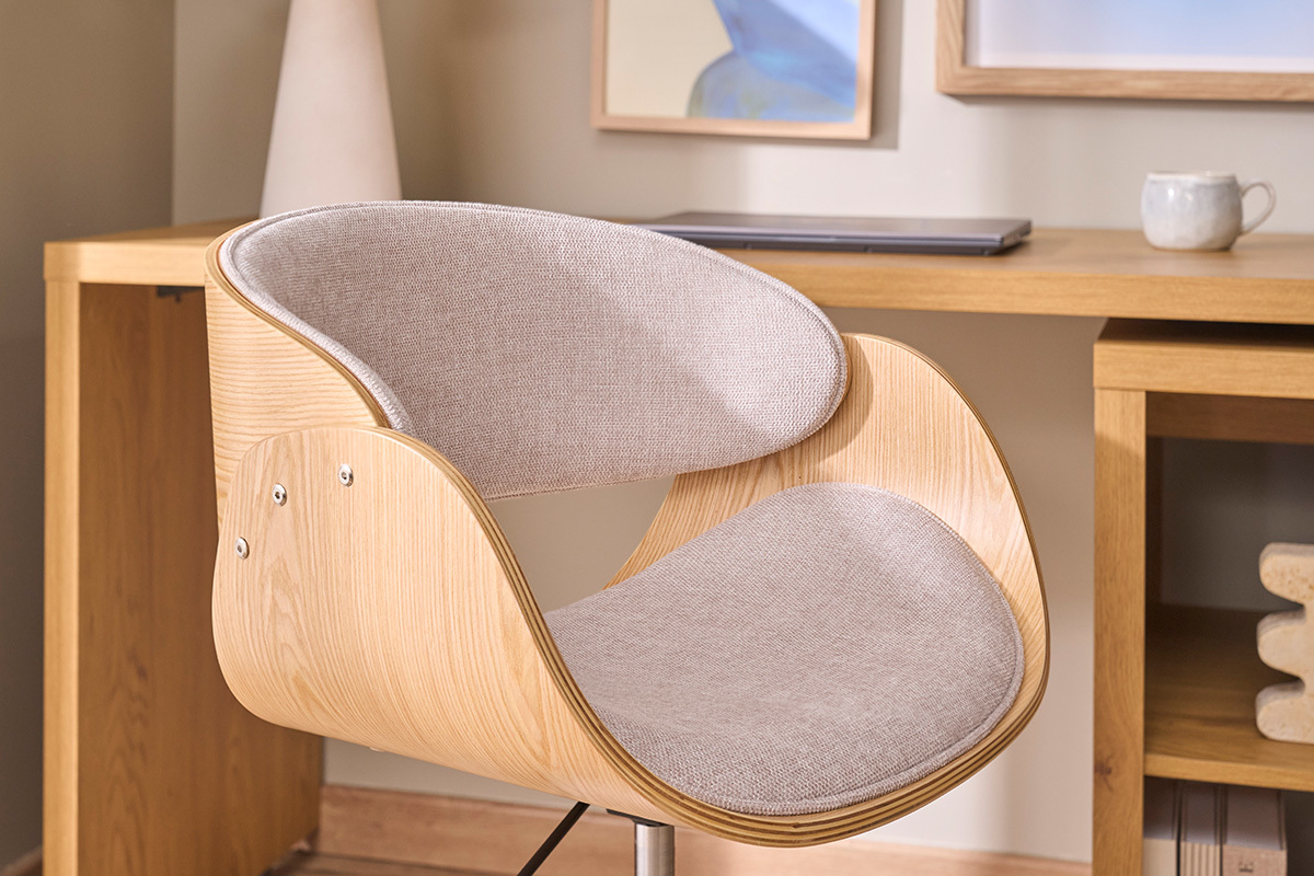 Design-B�rostuhl auf Rollen aus Stoff in strukturierter Samtoptik, beige, helles Holz und verchromter Stahl BENT
