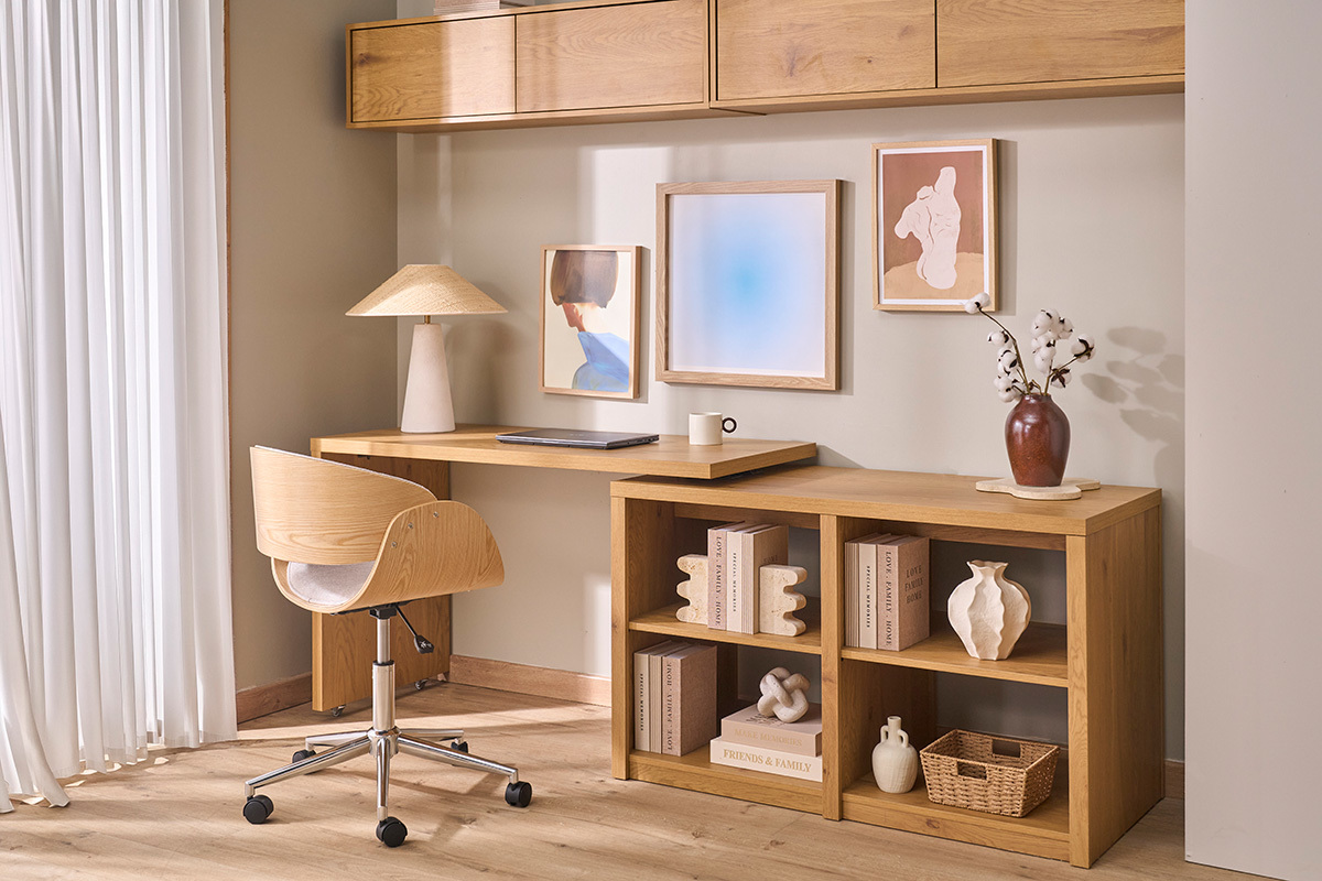 Design-B�rostuhl auf Rollen aus Stoff in strukturierter Samtoptik, beige, helles Holz und verchromter Stahl BENT