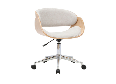 Design-B&uuml;rostuhl auf Rollen aus Stoff in strukturierter Samtoptik, beige, helles Holz und verchromter Stahl BENT