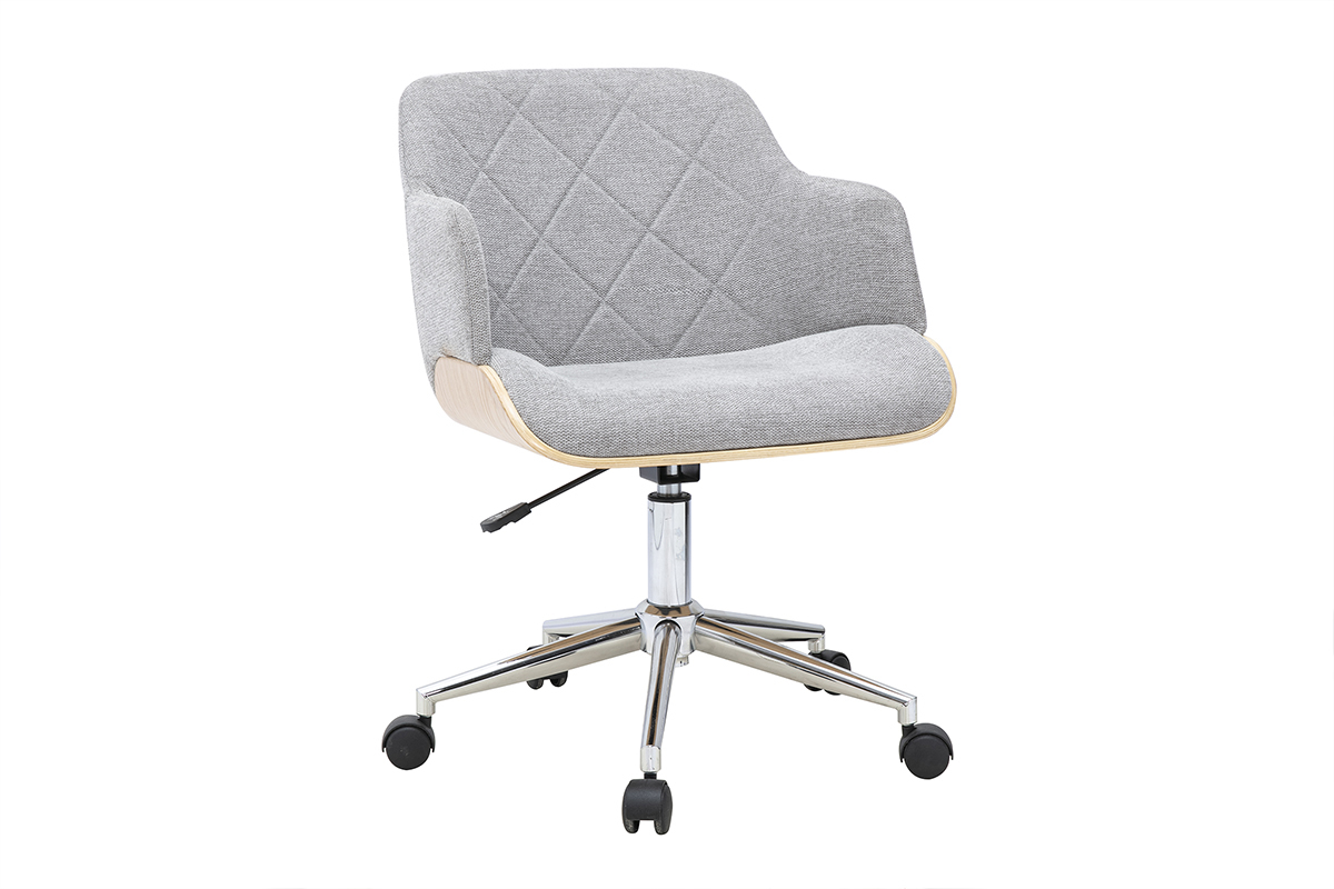 Designer-B�rostuhl auf Rollen aus grauem Stoff in Samtoptik, 3/4-Ansicht.