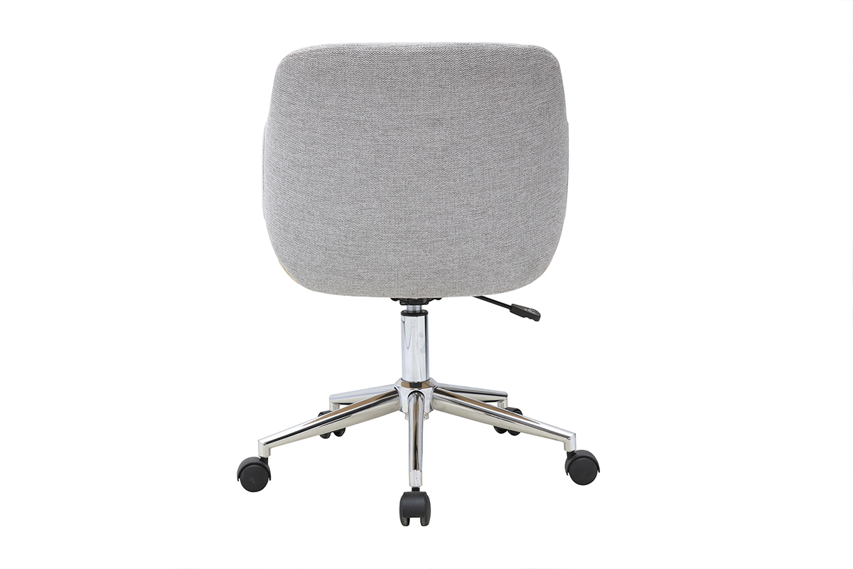 Grauer B�rostuhl mit Rollen, R�ckansicht, mit gebogener R�ckenlehne und verchromtem Stahlgestell.
