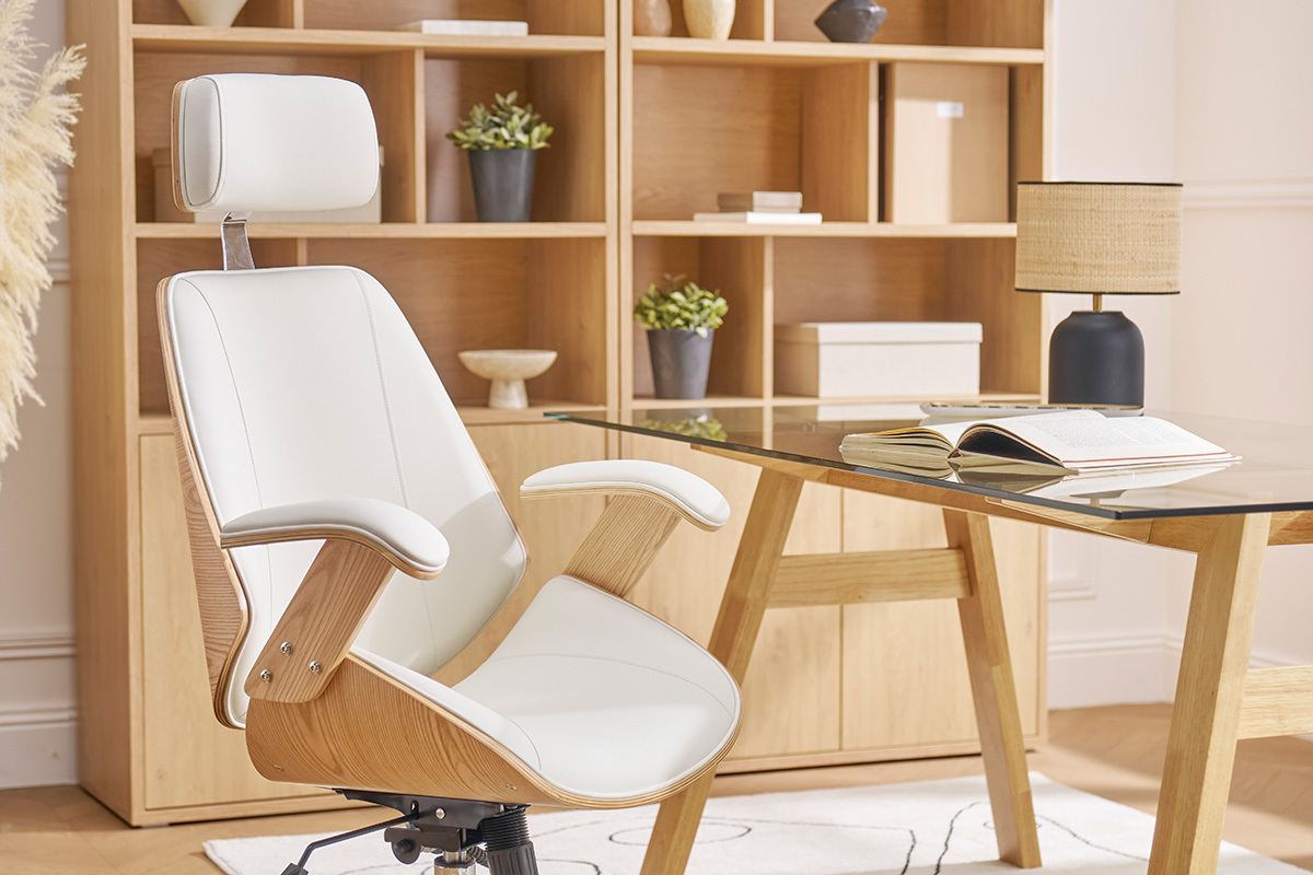 Design-Brostuhl in Wei mit hellem Holz und verchromtem Stahl MUSK