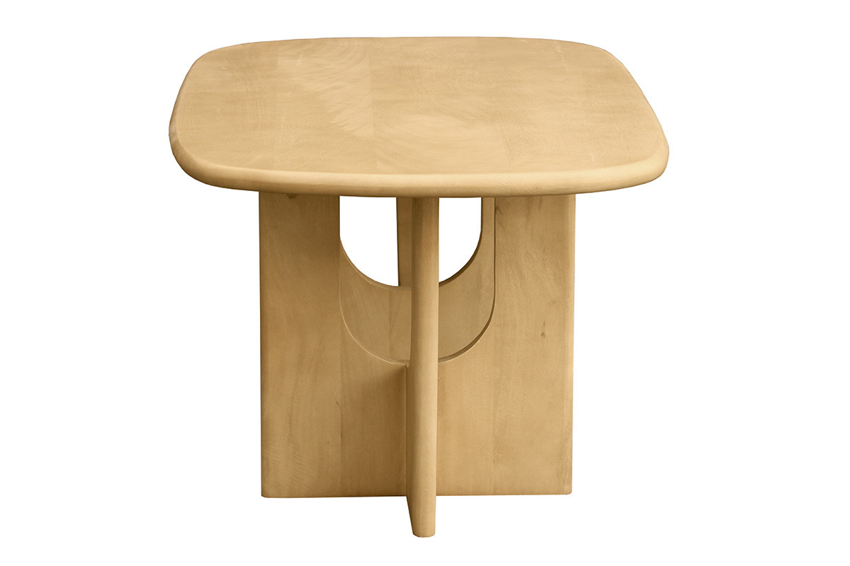 Rechteckiger Couchtisch aus massivem Mangoholz, Seitenansicht, mit abgerundeten Kanten und einem einzelnen Sockel.