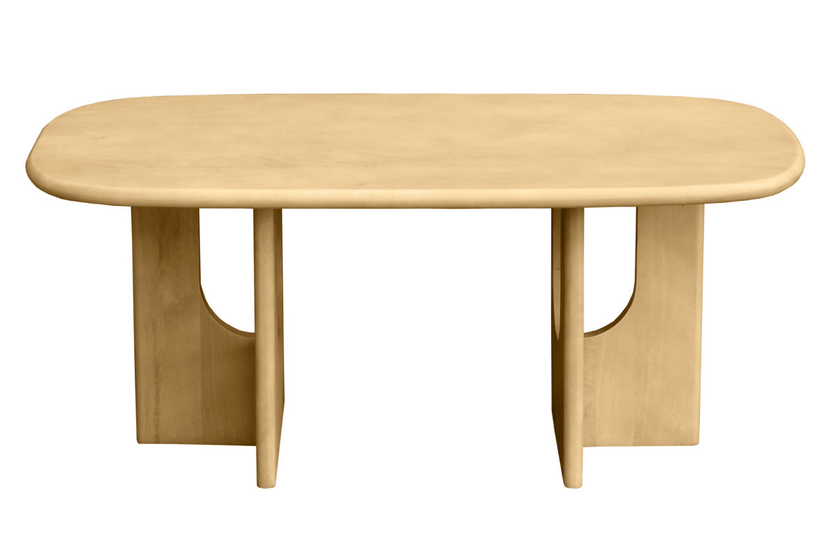 Designer-Couchtisch aus massivem Mangoholz, rechteckige Form mit abgerundeten Kanten, Frontansicht.