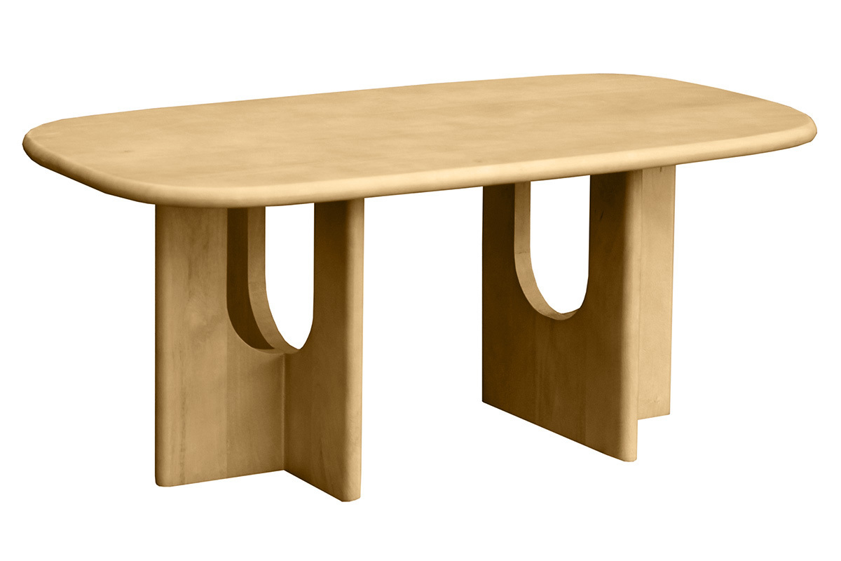 Design-Couchtisch aus hellem Mango-Massivholz, rechteckige Form mit abgerundeten Kanten, 3/4-Ansicht.