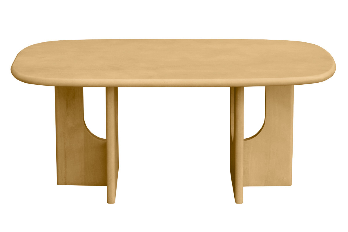 Design-Couchtisch aus massivem, hellem Mangoholz, rechteckig mit abgerundeten Kanten.