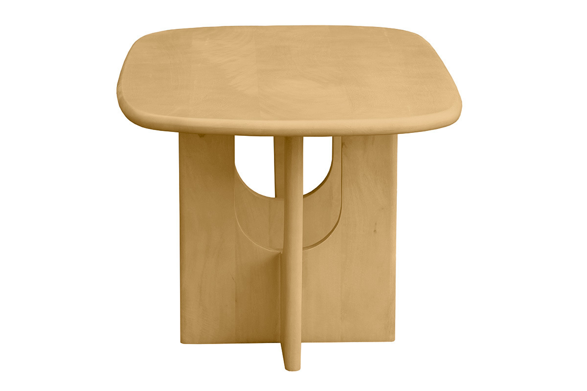 Design-Couchtisch aus hellem Mangoholz massiv, Seitenansicht, rechteckige Form mit abgerundeten Kanten